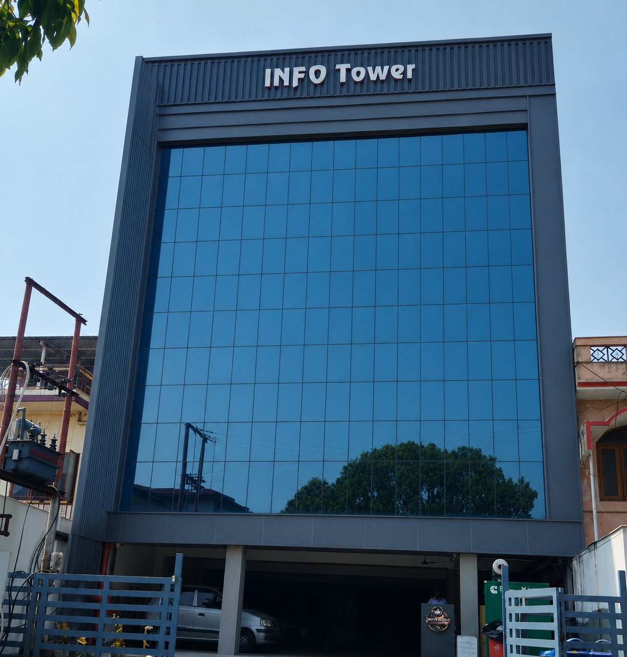 Info Tower, the IIEWS head office building at D-89 Nehru Colony, Dehradun — a four-storey glass-fronted building with the INFO Tower sign